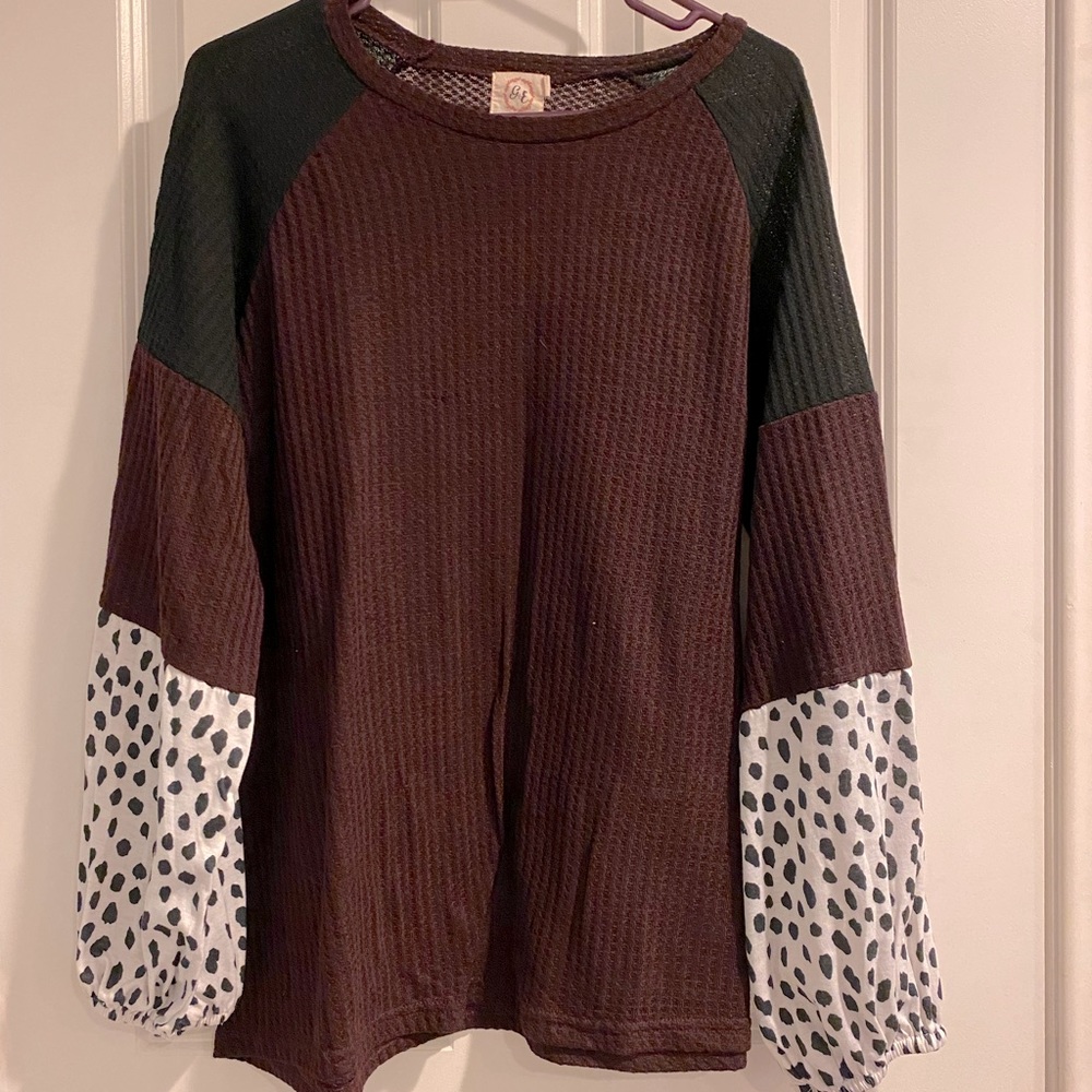 Maroon, Black, and Dalmatian Print Bell sleeve